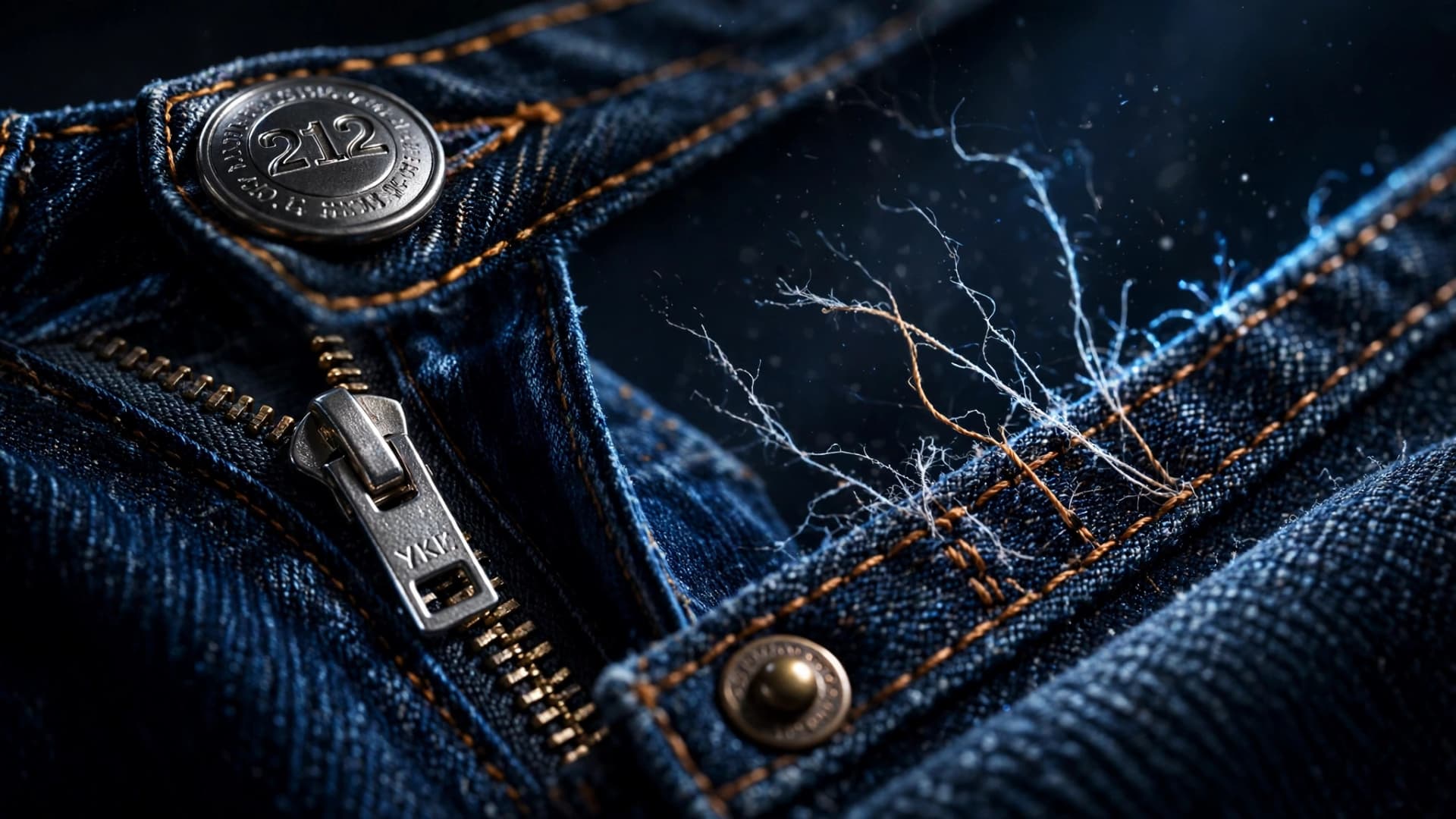 Gros plan d’un jean : bouton 212, fermeture éclair, rivet et double piqûre orange